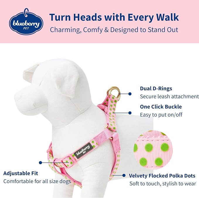 Blueberry Pet 4 Patterns Step-in Velvety Polka Dot Flocking Dog Harness in Baby Pink, Chest Girth 20" - 26", Medium, Adjustable Harnesses for Dogs