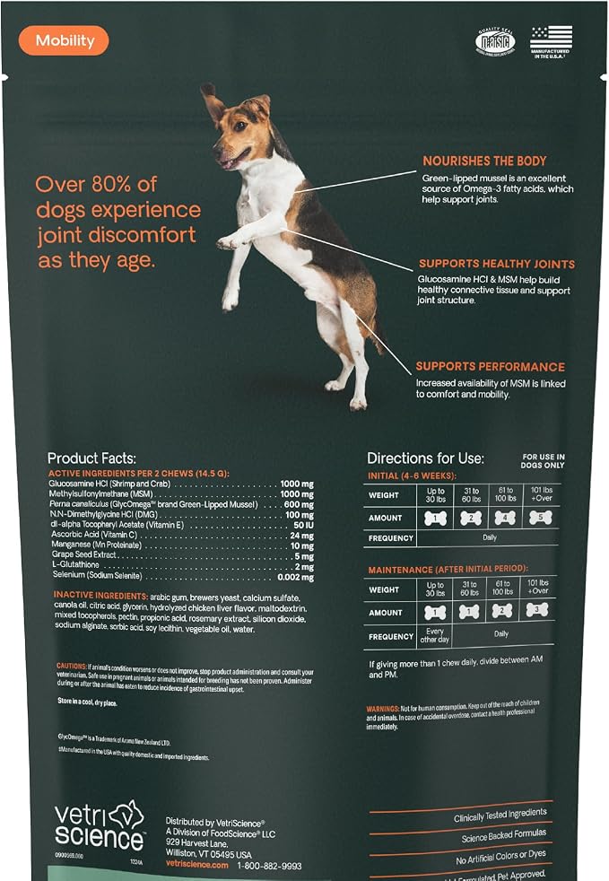 VetriScience Extra Strength Healthy Hip&Joint Chews,GlycoFlex 3,Glucosamine,Green-Lipped Mussel,Joint Support Supplement for Dogs,Promote Mobility&Soothe-Joint Discomfort,Chicken,120 Count (Pack of 2)