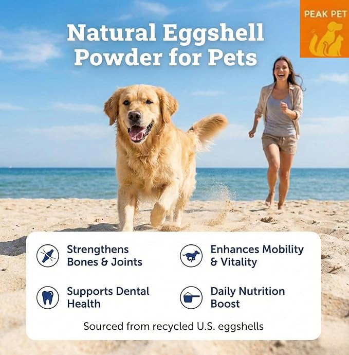 Organic Calcium for Dogs and Cats - Eggshell Powder with Eggshell Membrane and Calcium Carbonate, Egg Shell Powder Supports Strong Bones, Teeth & Mobility, Made in USA