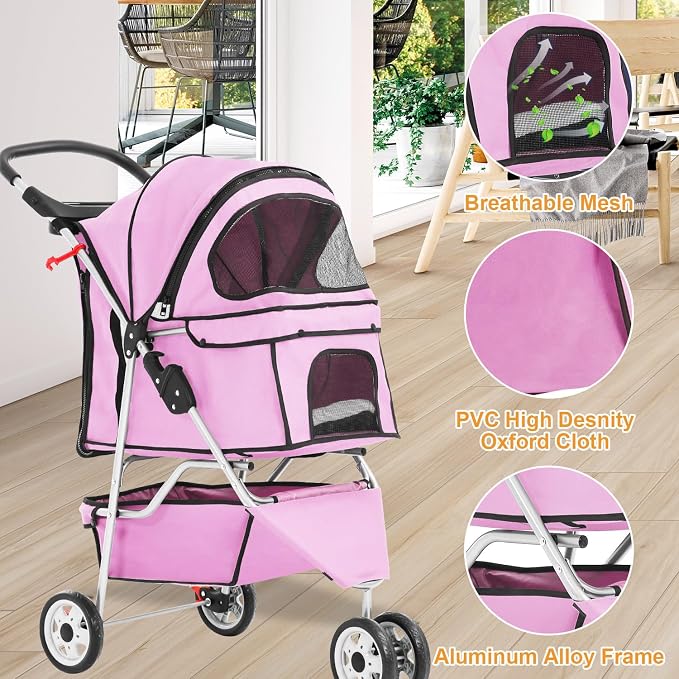 BestPet 3-Wheel Jogger Pet Stroller - Pink, Cup Holder & Removable Liner