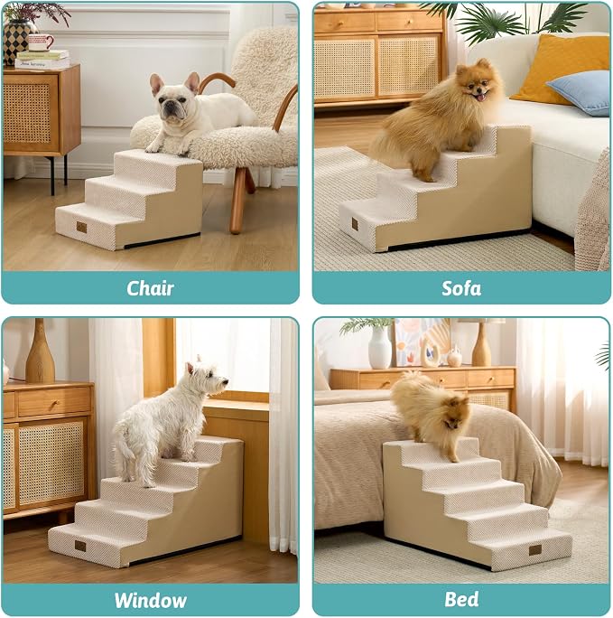 COZY KISS Dog Stairs for Small Dogs, 3 Step Pet Stairs for Beds & Couches | 11.7" H Non-Slip Dog Steps for Bed & Sofa, Gentle Incline for Puppies, Senior Cats, and Small Dogs, 15.7x17.7x11.7 in, Beige