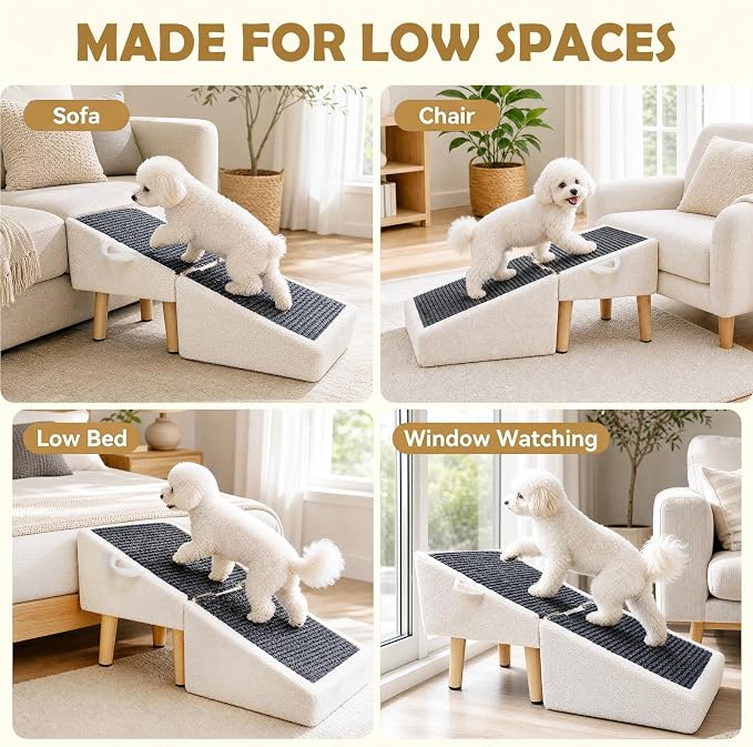 16" H Dog Stairs & Ramp for Small Dogs, 2-in-1 Foldable Wooden Dog Ramp for Low Bed and Couch, Non-Slip Split Ottoman Pet Ramp, Safe for Puppies, Senior, Injured Dogs, White