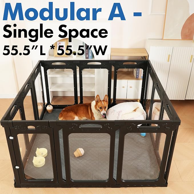 12 Panels Clear Dog Playpen, Modular 2 Room & Toilet Area, Height 30", Ideal for Small & Toy Dogs, Black
