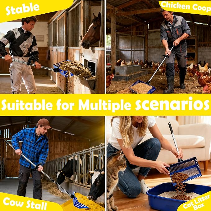 Chicken Poop Scooper & Rake 2-in-1, 15" Extra Large Stainless Steel Litter Scoop, 21"-76" Adjustable Handle, Chicken Coop Cleaner for Sand, Pet Waste & Litter Sifting