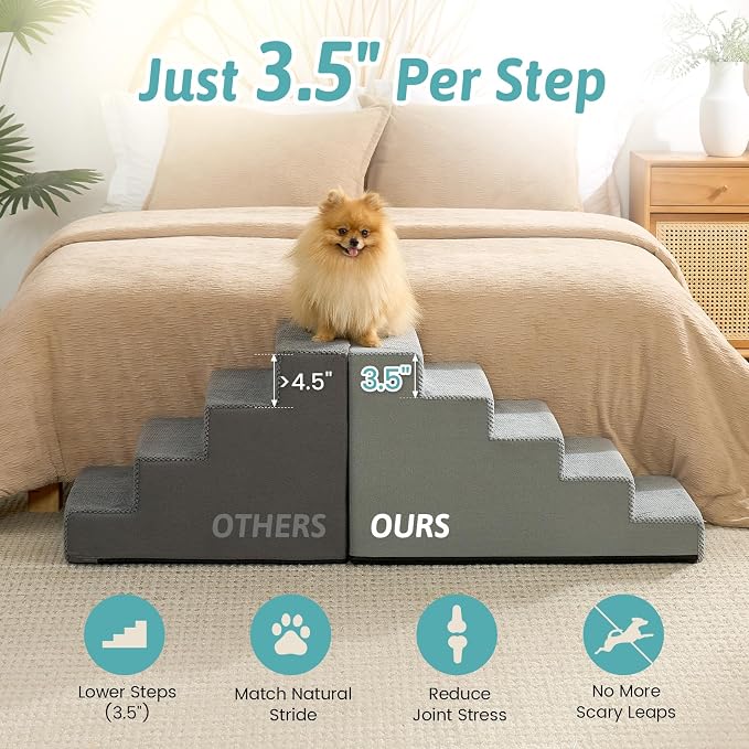 COZY KISS Dog Stairs for Small Dogs, 5 Step Pet Stairs for Beds & Couches | 17.7" H Non-Slip Dog Steps for Bed & Sofa, Gentle Incline for Puppies, Senior Cats, and Small Dogs, 17.7x29.5x17.7 in, Grey