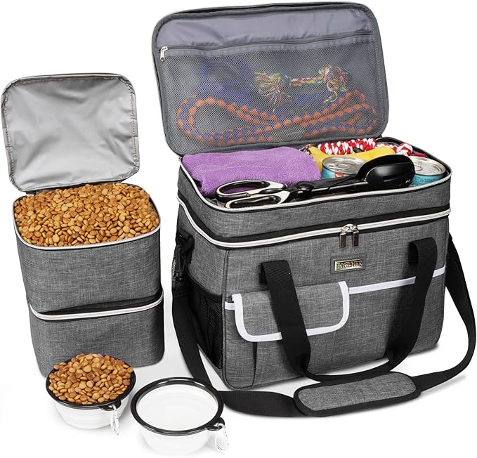 BAGLHER Dog Travel Bag, Double-Layer, with Food Containers & Bowls, Grey