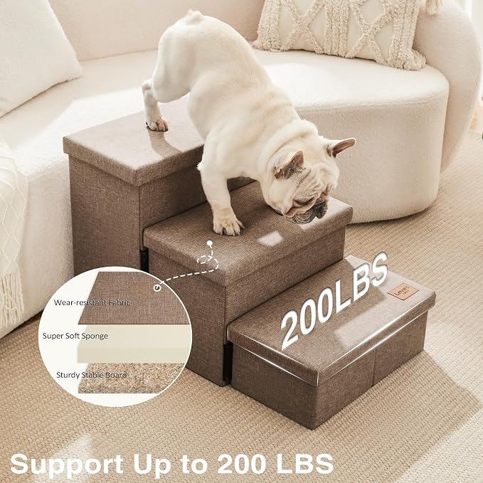 Love's cabin Dog Stairs for High Bed 18" H, Foldable Pet Stairs for Small Medium or Large Dogs Puppy with Storage for Bed or Couch, Cat Dog Steps Ramp with Zip up to 200 lbs, Light Brown, 3 Steps