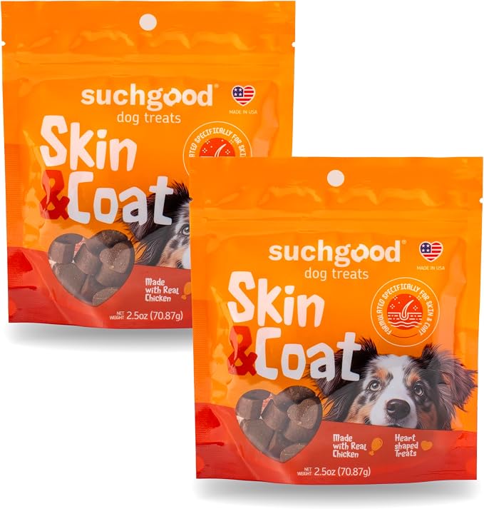 SuchGood Skin and Coat Dog Treats - 70 Count Advanced Omega Skin and Coat Support Chews for All Breed Sizes, Premium Salmon and Flaxseed Oil for Dogs - (Chicken Flavor, 2 Pack)