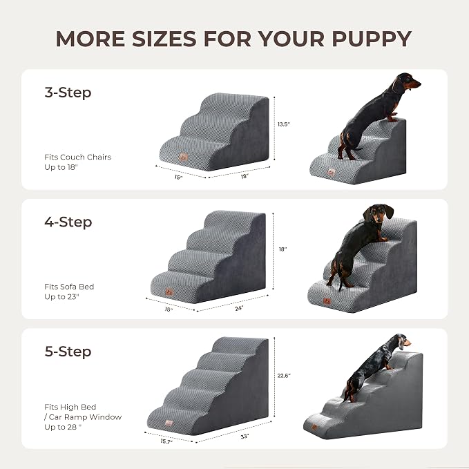 Dog Stairs for High Bed 22.6" H, 5-Step Dog Steps for Small Dogs and Cats, Pet Steps Ramp for Couch Sofa, Non-Slip Stable Indoor Pet Ladder with High Density Foam, Grey