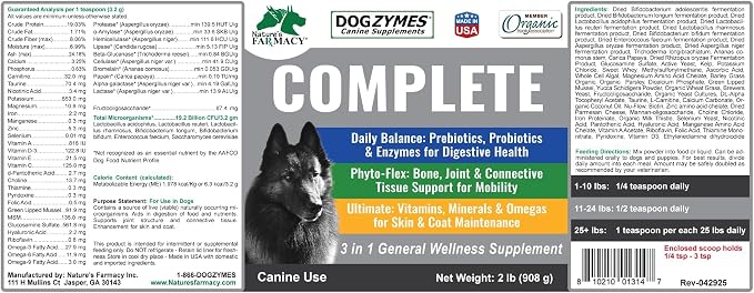 Dogzymes Complete - Probiotics, Prebiotics, Glucosamine, Chondroitin, MSM and Hyaluronic Acid, Complete Skin and Coat Care (2 Pound)