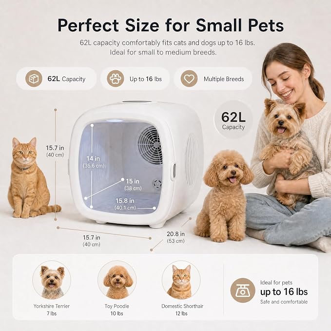 Pet Grooming Dryer Box (For Pets Up to 16lbs) | High-Efficiency & Quiet <26dB, Smart Temperature Control, 25-60 Minute Fast Drying, Negative Ion Hair Care
