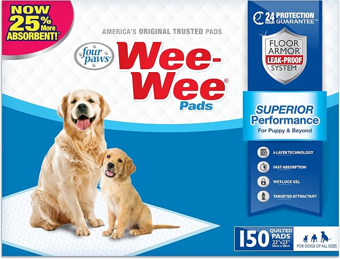 Four Paws Wee-Wee Superior Performance Unscented Pee Pads for Dogs & Puppies, Quilted Leak-Proof Dog Housebreaking Potty Training Floor Protection, 22" x 23", 100 Count