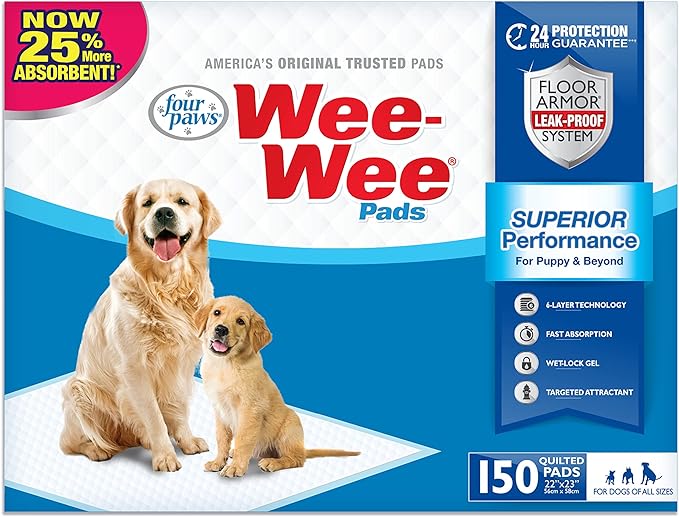 Four Paws Wee-Wee Superior Performance Unscented Pee Pads for Dogs & Puppies, Quilted Leak-Proof Dog Housebreaking Potty Training Floor Protection, 22" x 23", 7 Count