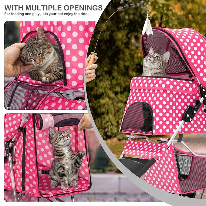 MoNiBloom 3-Wheel Foldable Pet Stroller - Hot Pink Polka Dots