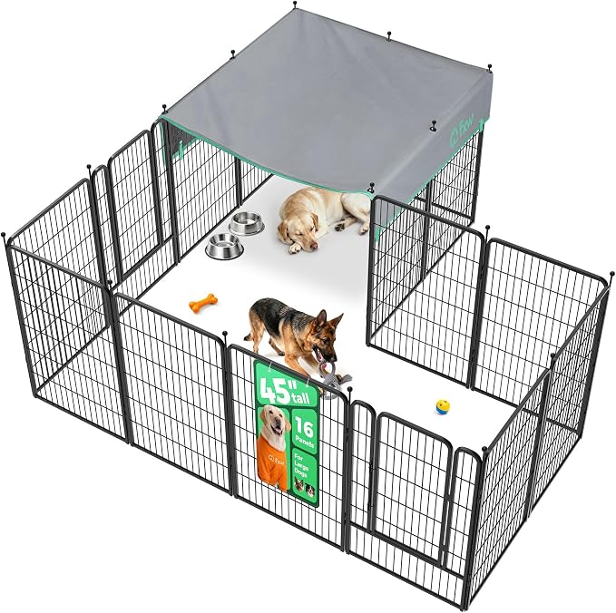 FXW Rollick Unleashed Dog Playpen, 45in, 16 Panels with Sun Shade, Large, Black