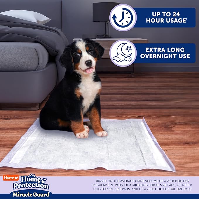 Hartz Miracle Guard Dog and Puppy Dog Pads Max Absorbency 24 Hour Use Odor Eliminating Lavender Scented No Leaks, Regular Size 25 Count