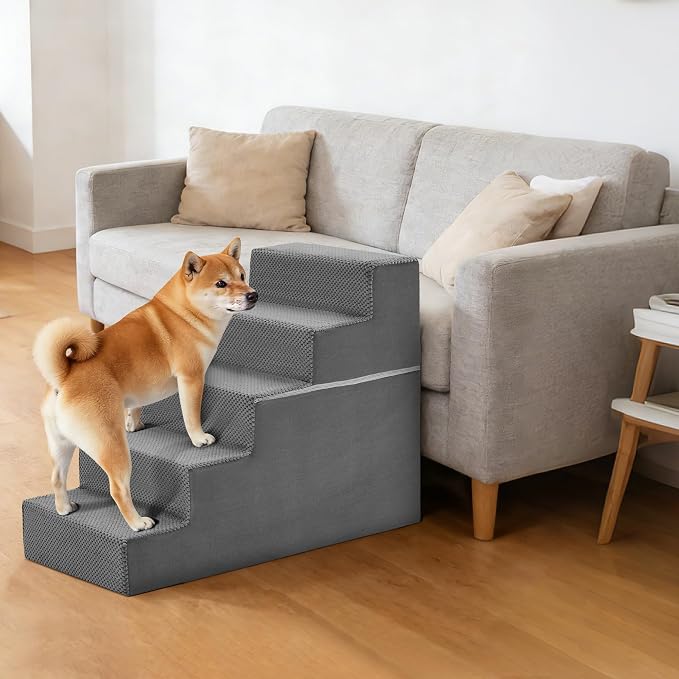 5-Step Dog Stairs for Large Dogs and Cats, 23in H Dog Steps for Couch, Sofa, Chair, Non-Slip Sturdy Pet Steps, Pet Ramp for High Bed Indoor, Grey