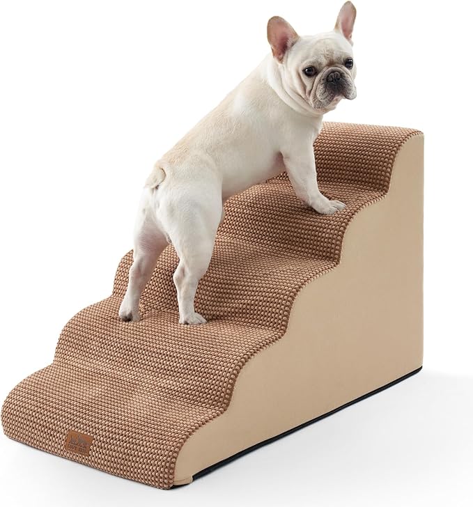 COZY KISS Extra Wide Dog Stair for Small Dog, 5 Step Pet Ramp for Bed | Curved Stable Dog Step for Puppy, Older Cat, Senior, Medium, Short-Legged Dog, Non-Slip Ladder for High Bed, Light Brown