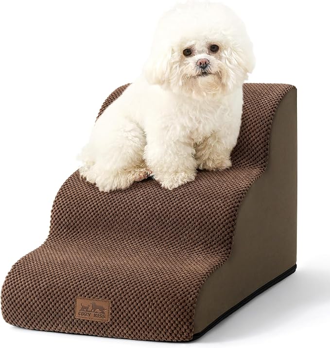 COZY KISS Dog Stairs for Small Dogs 15.7" H, Curved Dog Step for Puppy, Older Cat, Medium Pet Ramp for Sofa, Couch or Chair, Ladder with High Density Foam, 3 Step, 15.7x22.4x15.7 inch, Brown