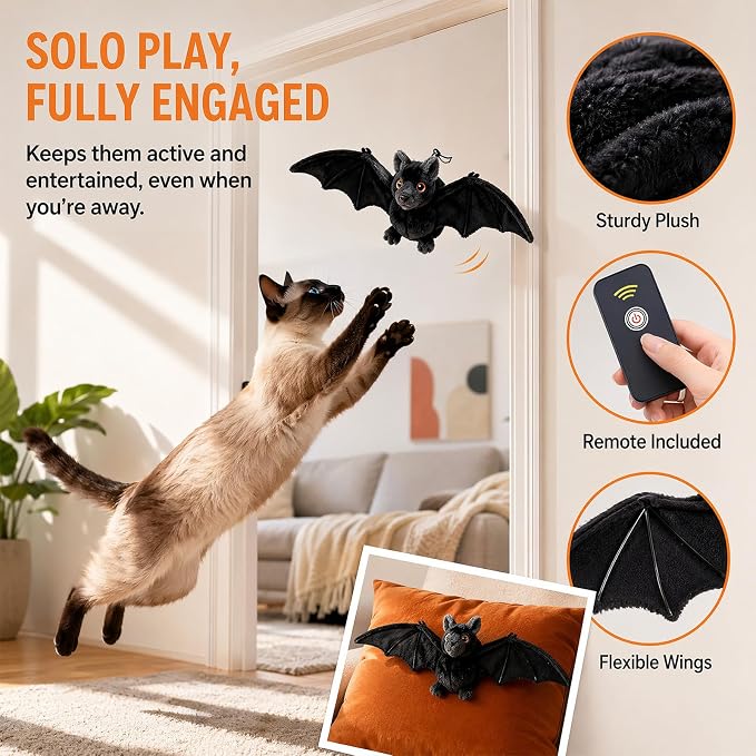 Interactive Flying Bat Dog Toy, Flapping Wings Cute Bat for Indoor Cats & Dogs, Automatic Flapping Wings with Chirping Sounds, Touch Activated, Rechargeable for Solo Play，Manual+Remote