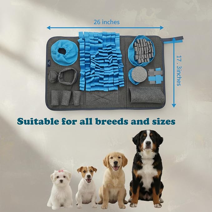 S Snuffle Mat Blue Dog Puzzle Enrichment Slow Feeder | Mental stimulation, slow feeder, nosework game, washable non-slip, enrichment puzzle toy for dogs cats