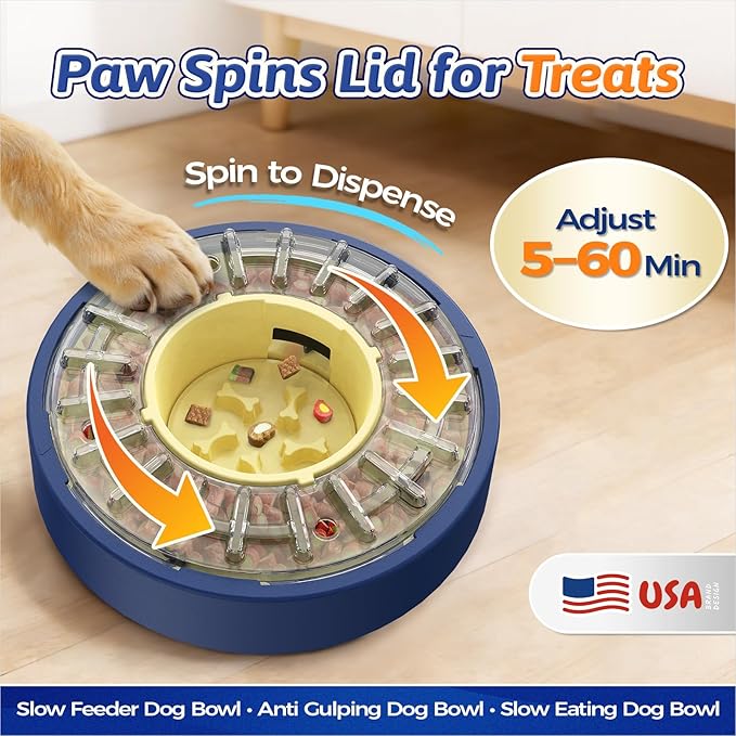 KADTC 5-60 Min Adjustable Slow Feeder Bowl for Fast Eaters, Spinning Dog Puzzle Feeder, Anti-Gulping Interactive Food Dispenser, 4-Cup Capacity, Mental Enrichment Treat Toy