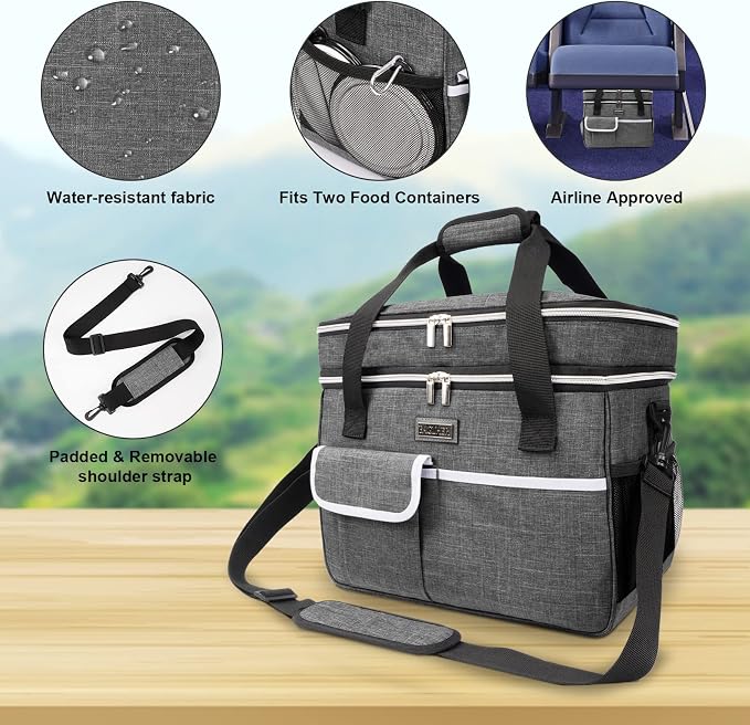 BAGLHER Dog Travel Bag, Double-Layer, with Food Containers & Bowls, Grey