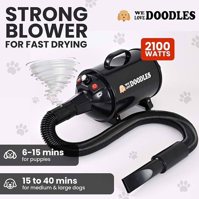 Dog Hair Dryer, High Velocity Blow Dryer & Pet Blower for Grooming, Black | Adjustable Speed & Temperature Settings, Powerful Force Dryer Motor, Dries Fast & Fluffs Out Undercoat, Doodles & Poodles