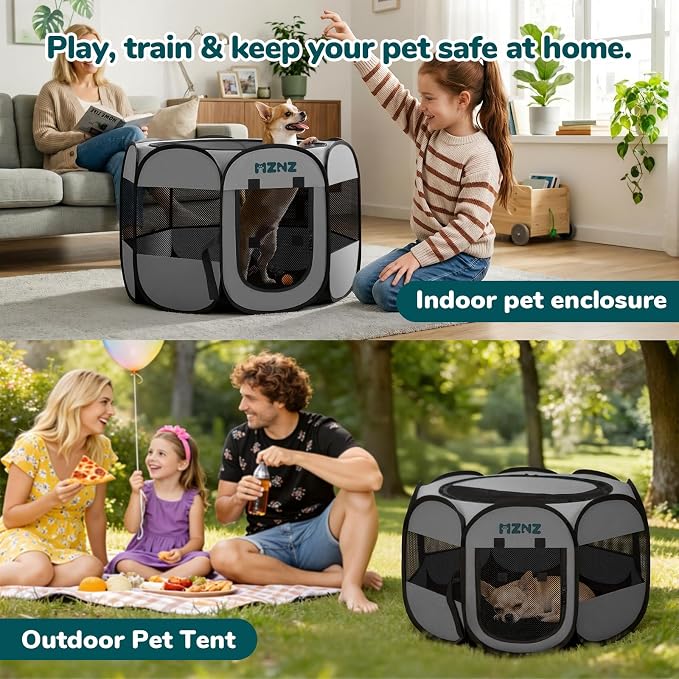 Dog Cat Playpen, Portable Small Animal Playpen Crate Indoor for Dogs Cats Rabbits, Foldable Guinea Pigs Bunny Cage Enclosure Outdoor, Pop Up Dogs Cats Tent Kennel with Carrying Case, Whole Grey