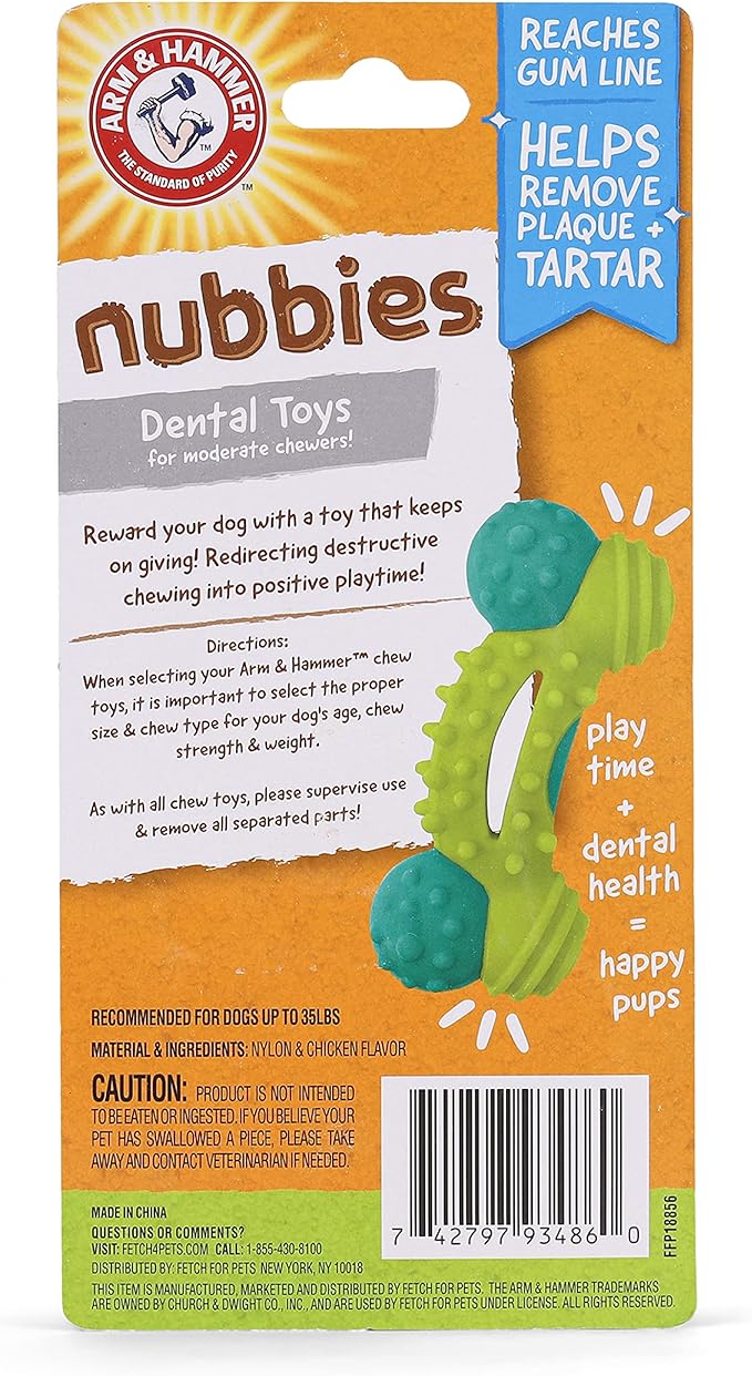 Arm & Hammer for Pets Nubbies Duality Bone Dental Dog Toy| Best Chew Toy for Moderate Chewers | Helps Reduce Plaque & Tartar | Green Apple Flavor Baking Soda (Pack of 2)