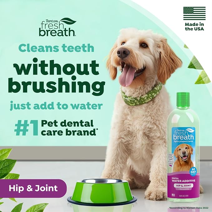 TropiClean Fresh Breath Water Additive for Hip & Joint Support, 33.8oz | with Glucosamine | Freshens Breath & Cleans Teeth | No Toothpaste or Toothbrush Required