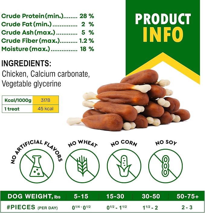 Dog Treats, Calcium Bones Wrapped Chicken & Rawhide Free Chew 10.6 Oz - Pet Healthy Dried Snacks & Grain Free Meat - Bulk Best Chews for Christmas, Training Small & Large Dogs - Made for USA