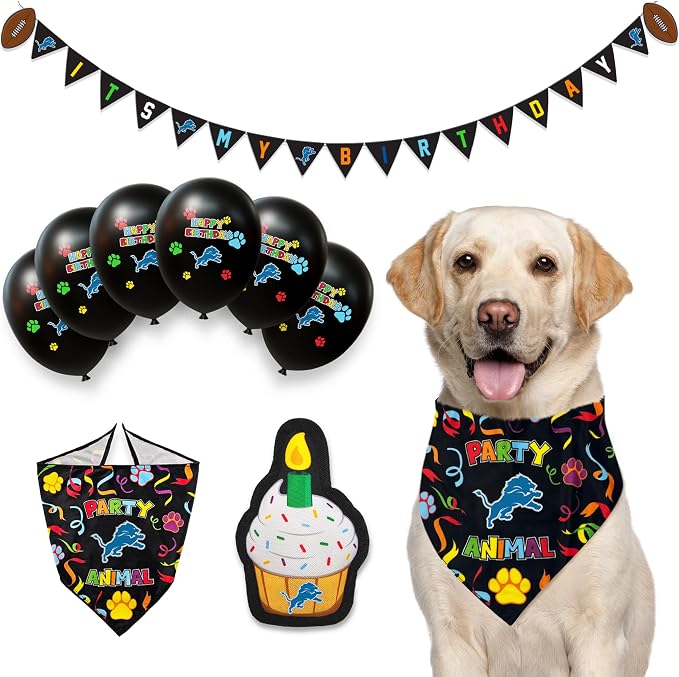 NFL Detroit Lions Dog Birthday Party Set 9pcs with 1 Football Bandana Small/Medium, 1 Banner, 1 Birthday Cake Toy & 6 B-Day Balloons, Dog Birthday Set, Costume, Fun Doggie Pawty Accesories