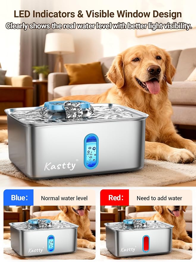 Kastty 15L/3.96 Gal Large Capacity Dog Water Bowl Dispenser,Stainless Steel Dog Water Fountain Quiet LED Light Triple Filtration Dog Water Bowl, Automatic Pet Water Fountain Easy Cleaning(FS78,Blue)