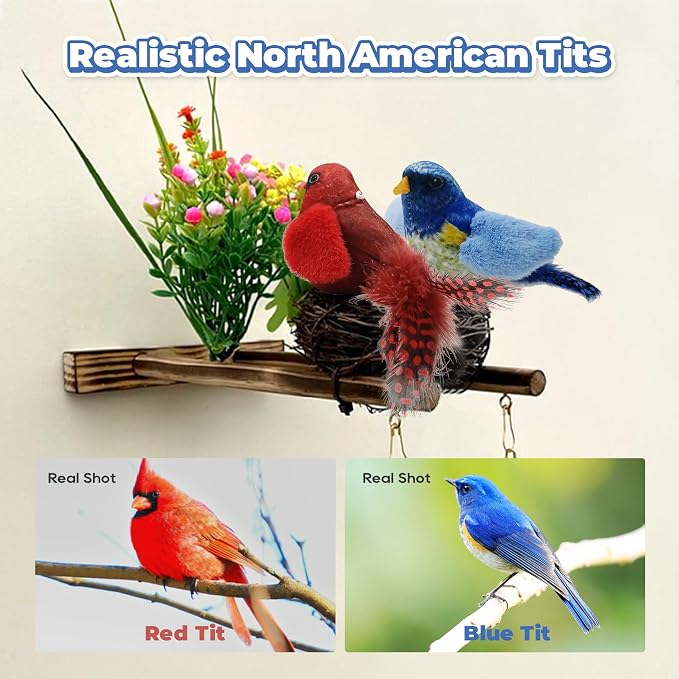 LEWISER Cat Toys Chirping Tit 2 Pcs with Catnip SilverVine, Suitable for Cat Wand Toys, Simulation Bird Design, Interactive Toys for Indoor Kitty Kitten Exercise, Red and Blue