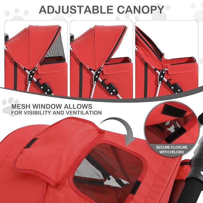 MoNiBloom 3-Wheel Foldable Pet Stroller - Red, up to 33lbs