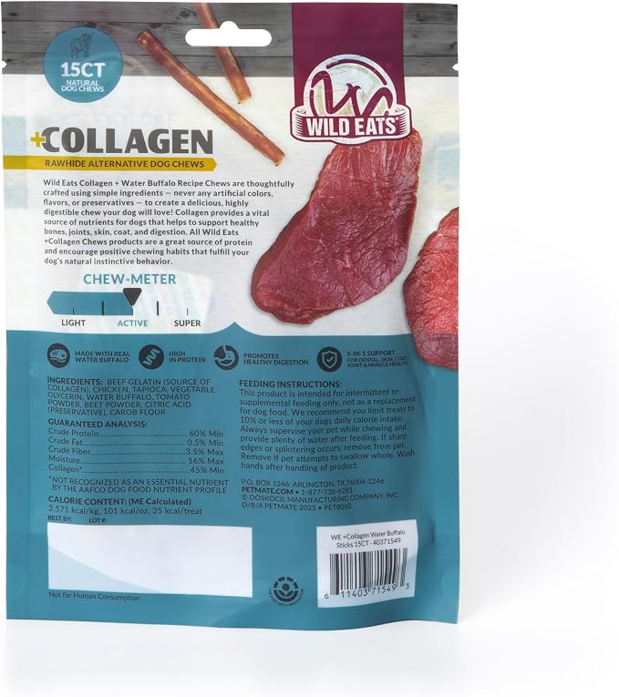 Wild Eats Water Buffalo Collagen Sticks for Dogs (15 Pack, 1 cm Wide) Long Lasting Dog Chews, No Hide Dog Treat Bully Stick Alternative, Rawhide Free, Grain Free, High Protein