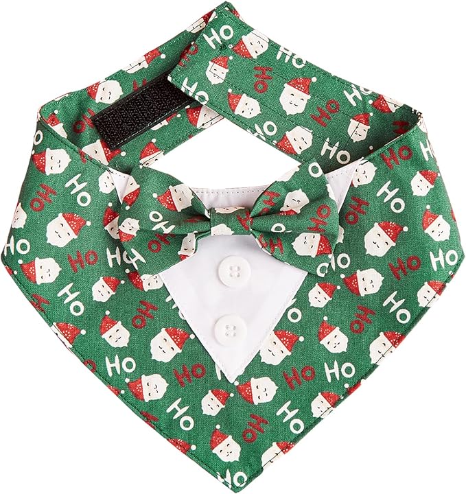 Adjustable Green Santa Christmas Dog Tuxedo Bandana with Bow Tie, X-Large, XS, Green