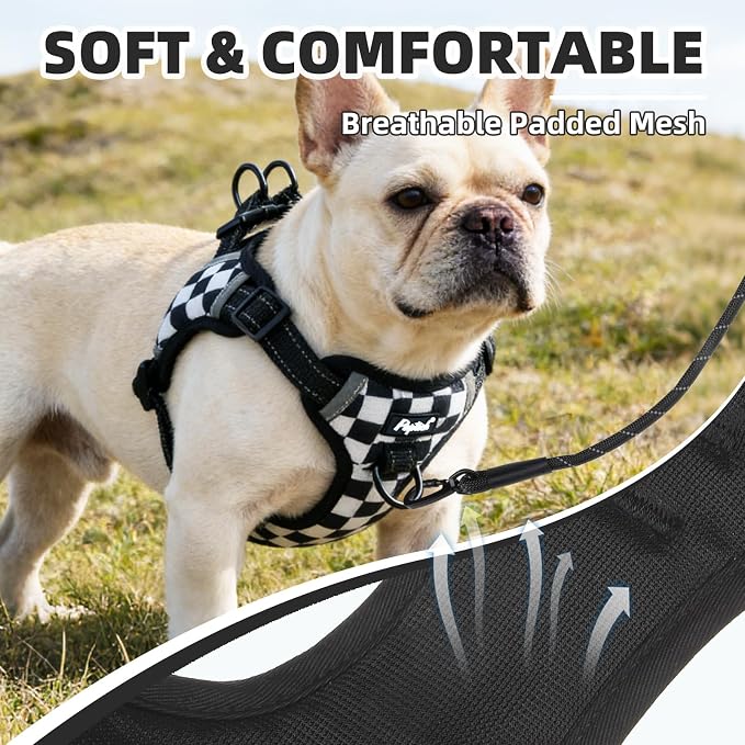 PUPTECK Dog Harness Small Sized Dog, Step in Adjustable Reflective Dog Vest Harness Escape Proof, No Pull Soft Padded Harness Easy Control, Checkered, M