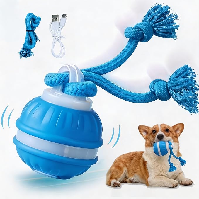 Interactive Dog Toys Automatic Rolling Ball with Rope Blue | Motion-Activated Play, Random Moving Electric Dog Ball with Sounds, Mental Stimulation, For Puppy Small Medium Dogs