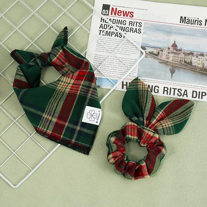 E-Clover Christmas Dog Bandana & Matching Scrunchie Green Red Plaid Pet Dog Scarf Cute, Small-set of 1, Small, Green
