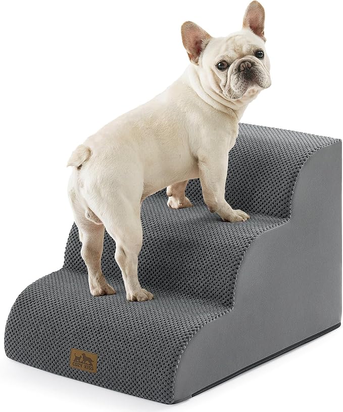 COZY KISS Wide Dog Stairs for Small Dog 15.7" H, 3 Step Pet Ramp for Couch | Curved Stable Dog Step for Puppy, Older Cat, Senior, Medium, Short-Legged Dog, Non-Slip Ladder, 17.7 inch Width, Dark Grey