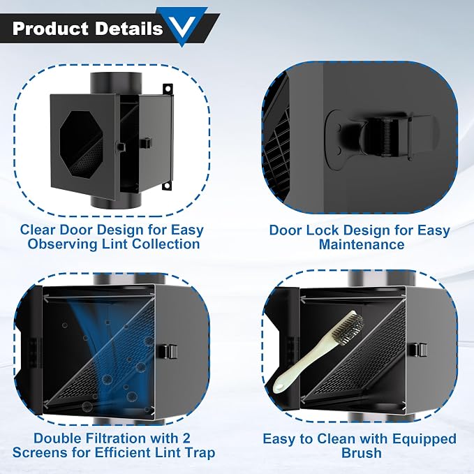Dryer Duct Lint Trap, Metal Dryer Lint Trap Indoor Dryer Vent Kit Lint Catcher Collector Box with 4" Flexible Exhaust Hose Stainless Steel Clamps Aluminum Foil Tape Cleaning Brush 2 Filter Screens