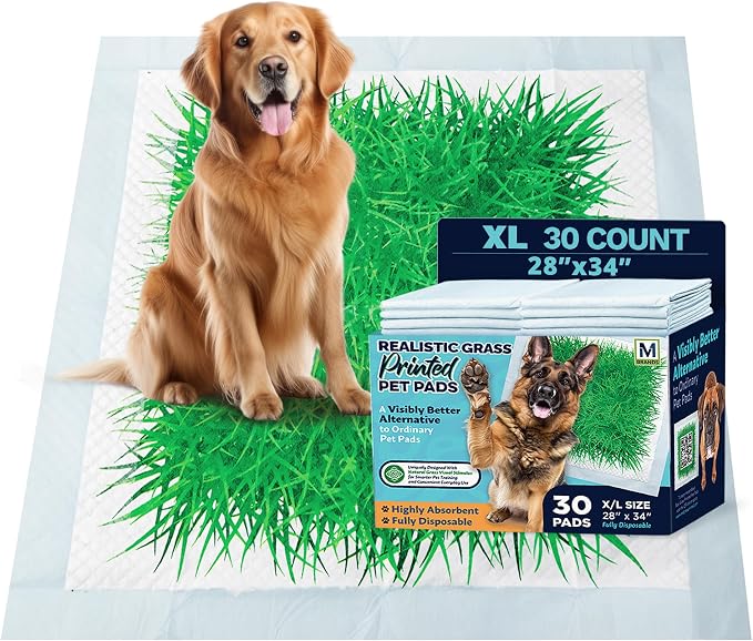 Big Dawg Pet Supplies Absorbent Puppy Pee Pads for Dogs & Cats – XL 28x34in Disposable Pet Pads – Handy Grab-n-Go Box – Potty Training & Housebreaking Supplies – Color, Grass – 30pc