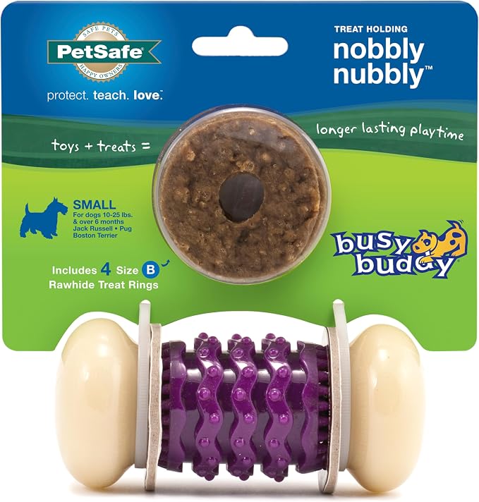 PetSafe Busy Buddy Nobbly Nubbly Treat Holding Dog Chew Toy, Small | Durable Nylon & Vanilla-Scented Rubber, Add Treat Rings or Peanut Butter, Top-Rack Dishwasher Safe, for Dogs 10-25 Lb