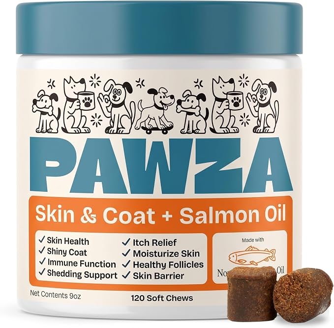 Skin & Coat + Salmon Oil Supplement for Dogs – Norwegian Salmon Oil with Omega 3, Biotin & Zinc per Serving – Supports Healthy Skin & a Soft, Shiny Coat – 120 Soft Chews