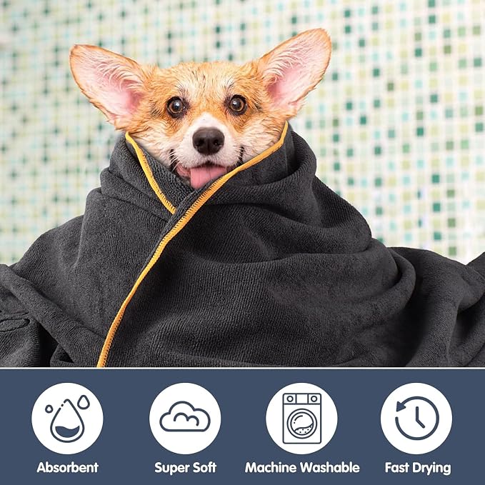 KinHwa Super Absorbent Microfiber Bath Towel for Dogs and Cats - 30 x 50 Inch, Dark-Gray, Suitable for Small, Medium, Large Pets