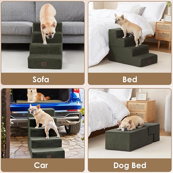 EHEYCIGA Dog Stairs for Bed 20" H, 4-Step Extra Wide Dog Steps for High Bed, Pet Steps for Small Dogs and Cats, Non-Slip Balanced Pet Ramp Indoor, Military Green
