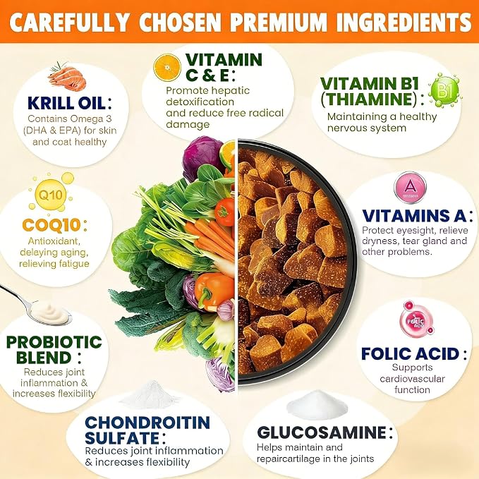 24-in-1 Dog Vitamins and Supplements, Dog Multivitamin Chewable with Glucosamine, Chondroitin, Probiotics & Omega 3 for Skin and Coat, Hip and Joint, Gut and Immune Support, 200 Chews