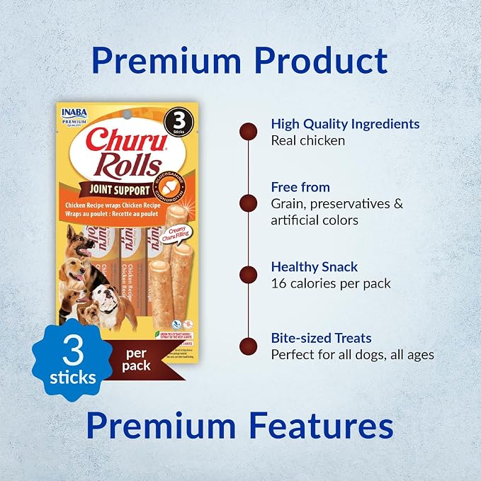 INABA Churu Rolls Joint Support for Dog, Functional Lickable Dog Treat with Taurine & Green Tea Extract, 1.26oz Each, 18 Tubes Total, Chicken with Cheese Recipe